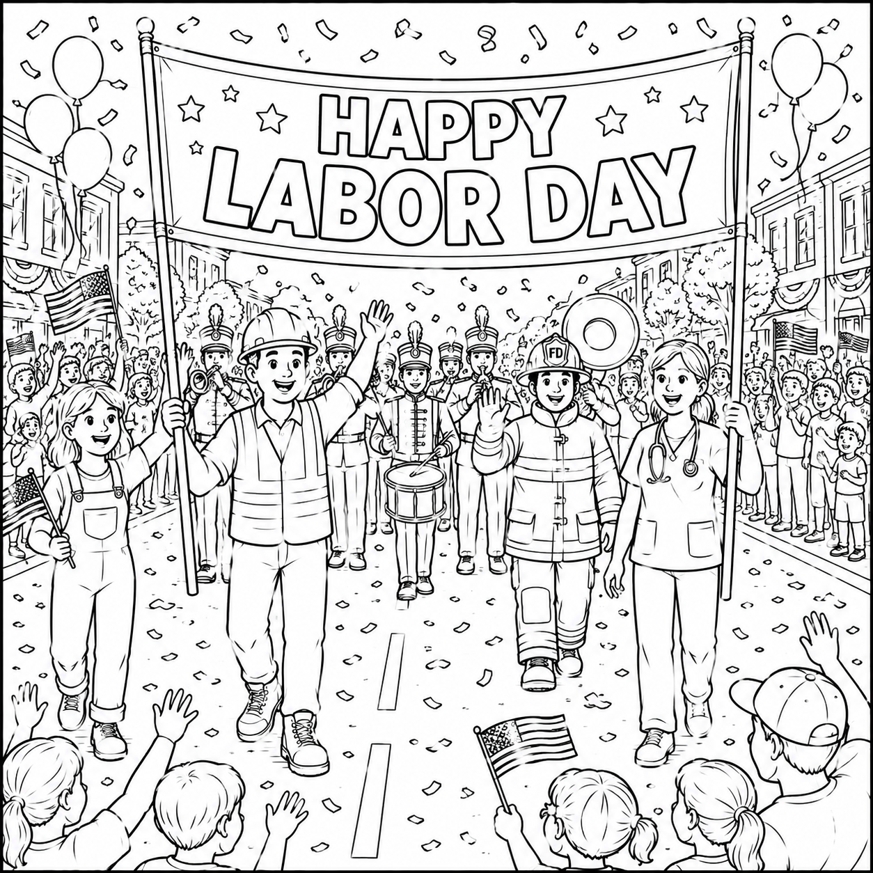 Labor Day Parade Scene coloring page with marching band, banner, flags, and cheering crowd